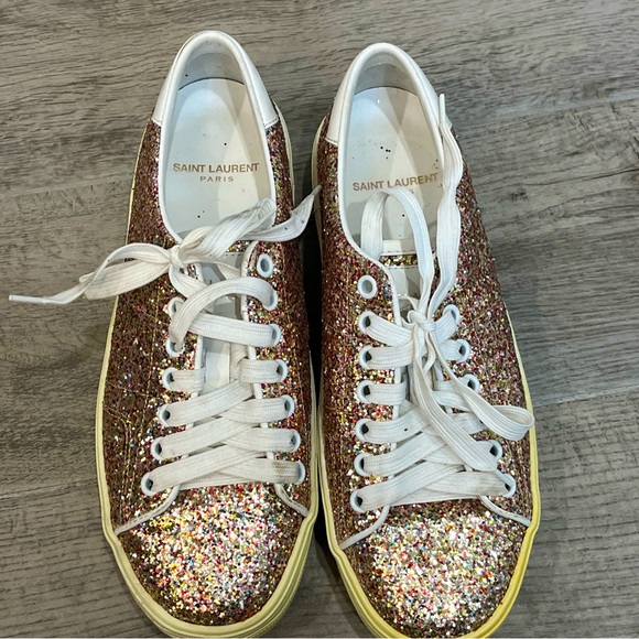 Saint Laurent Paris YSL Glitter Platform Sneakers Women Size 37.5/ 7 Retail $695 - Picture 1 of 11
